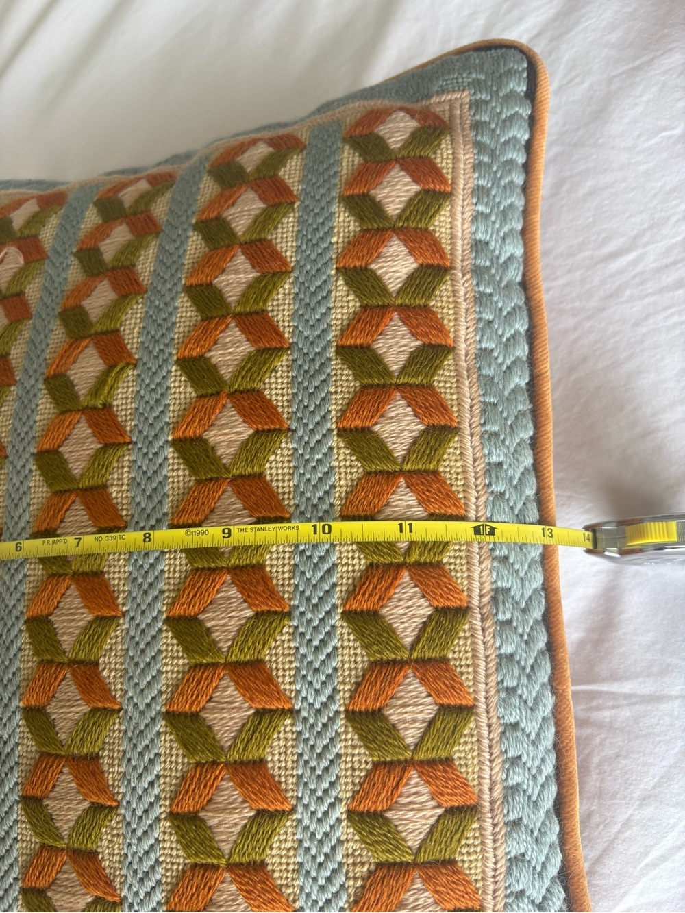 Vintage 1960s Handmade Needlepoint Pillow Geometric Wool Orange Velvet 16x13 MCM - Picture 7 of 8
